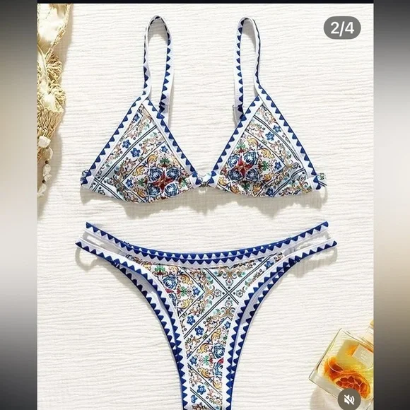 🆕 Jimmi Swim Blue unique sexy print TRIANGLE HIGH CUT MOSAIC BIKINI SET NWT S - Picture 4 of 15